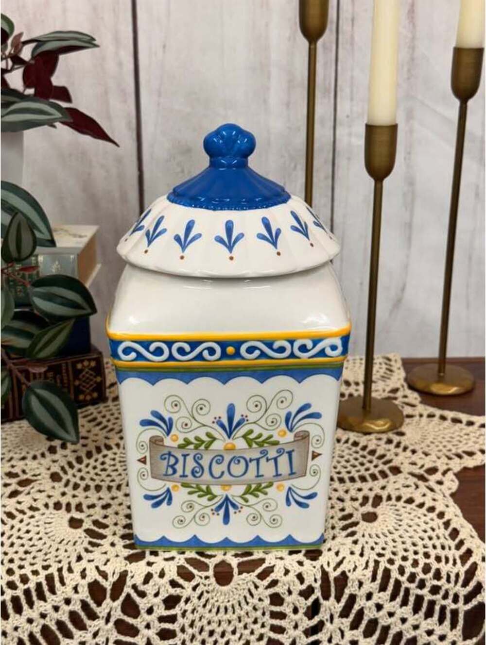 Lillian Vernon Biscotti Jar Ceramic Blue White Green Yellow Lidded Canister 9.5"